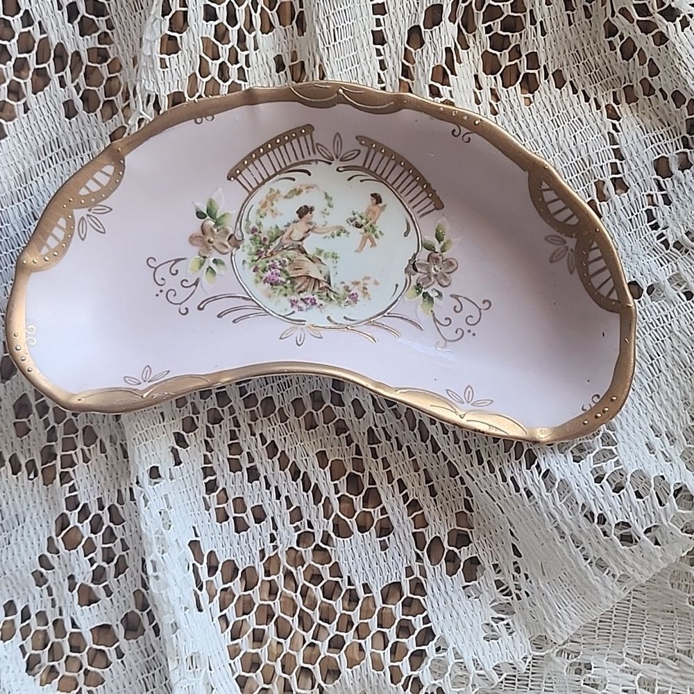 Vintage Handpainted Floral Cherubim Pink Gold Tone Accent Trinket Dish
